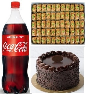 Özel Gün Paketi Çikolatalı Pasta Fıstıklı Baklava ve 1 Litre Cola pasta